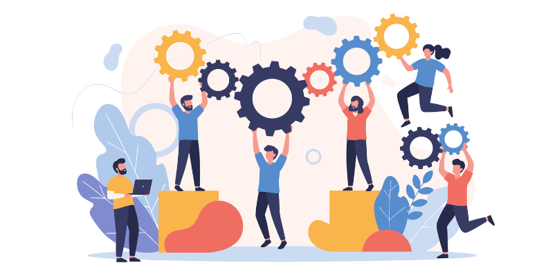 Schmuckbild mit Menschen und Zahnr&auml;dern